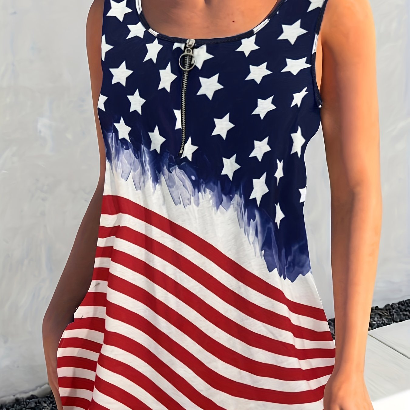 Women's Plus Flag Pattern Tank Top Medium Stretch Zipper