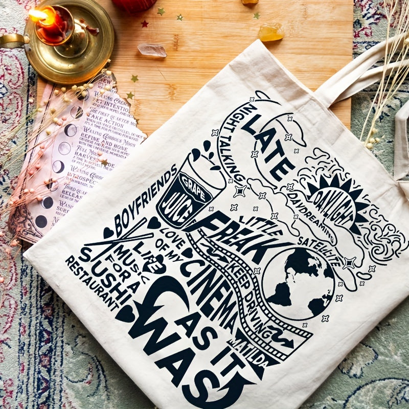 Letter Print Canvas Shopping Bag Lightweight Portable Square Shoulder Bag