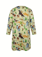 Western Style Cowboy Print Plus Size Cardigan Long Sleeve Open Front