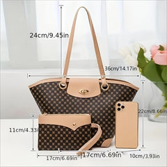 Geometric Pattern Tote Bag Set Shoulder Bag With Clutch Purse Women's Handbag