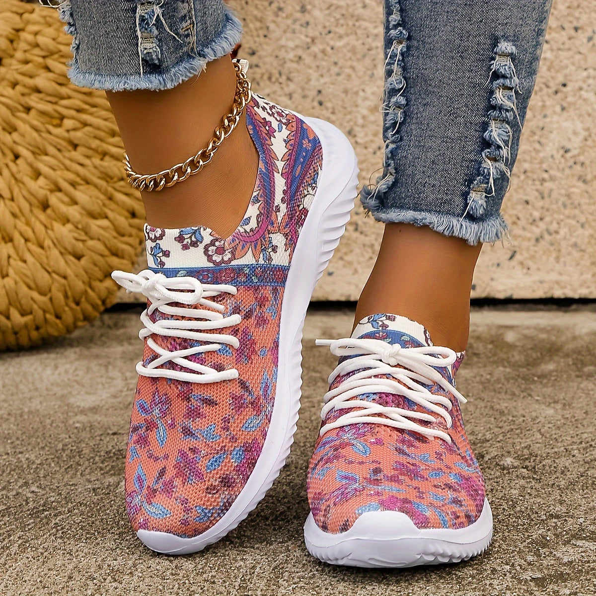 Ethnic Print Mesh Breathable Lightweight Running Shoes
