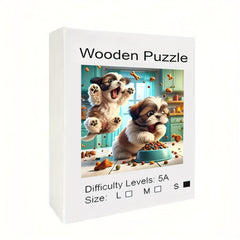 Vibrant Rainbow Wooden Jigsaw Puzzle for Adults - Two Hungry Puppies