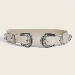 Vintage Carved Double Buckle Belt Solid Western PU Belt