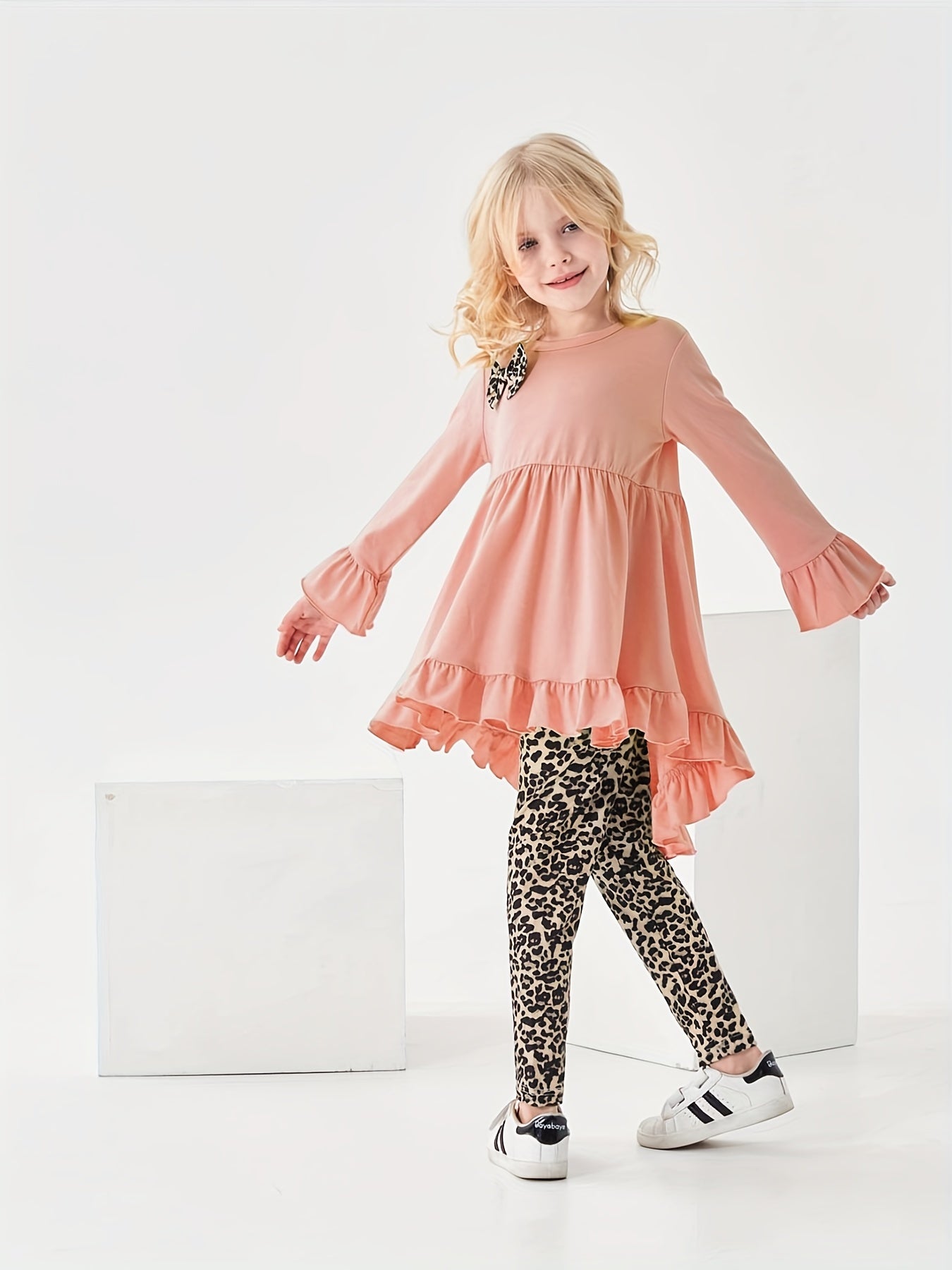 Leopard Pattern Ruffled Dress & Leggings Set for Girls