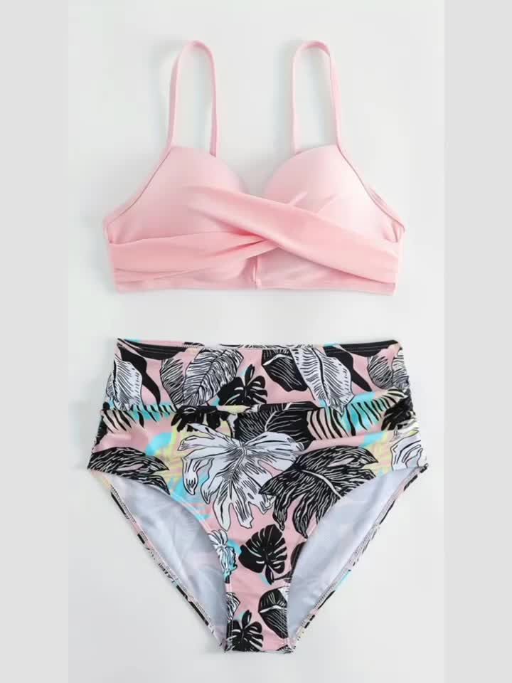 Tropical Print V Neck Bikini Set Layered High Waist Colorblock Swimsuit