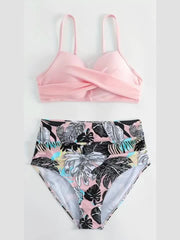 Tropical Print V Neck Bikini Set Layered High Waist Colorblock Swimsuit