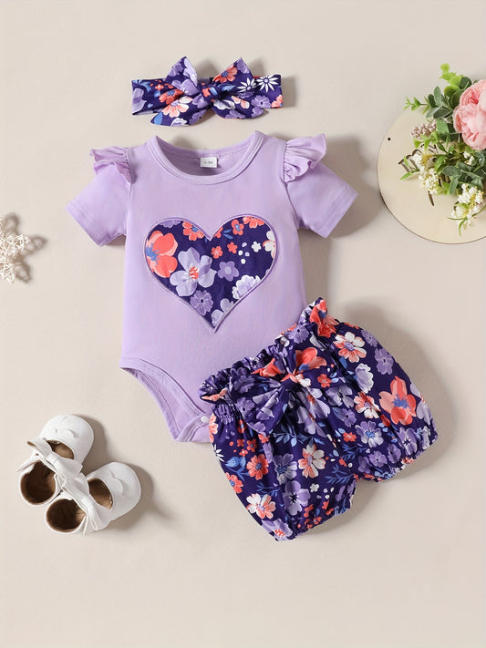 Baby Girl's Heart Graphic Set Cotton Ruffle Short Sleeve Bodysuit