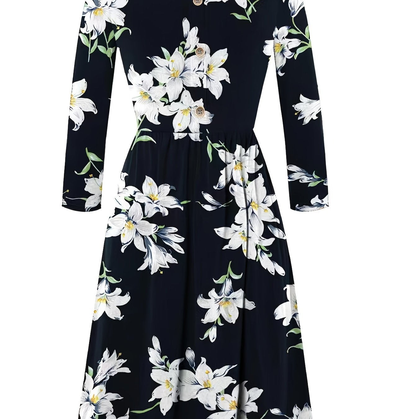  Floral Print Long Sleeve Midi Dress Women's Round Neck