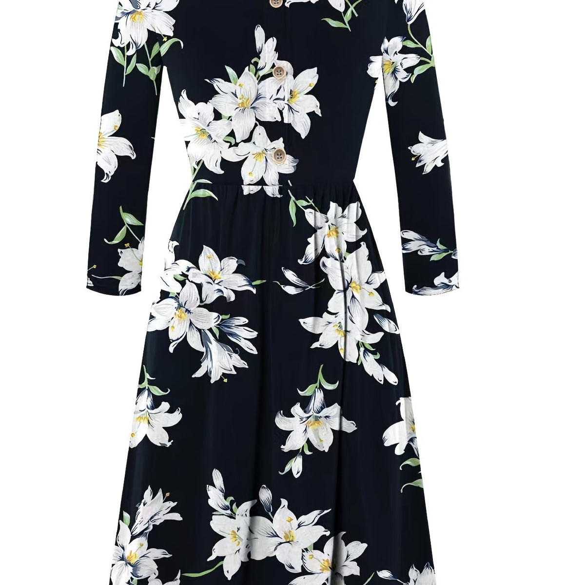  Floral Print Long Sleeve Midi Dress Women's Round Neck