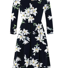  Floral Print Long Sleeve Midi Dress Women's Round Neck