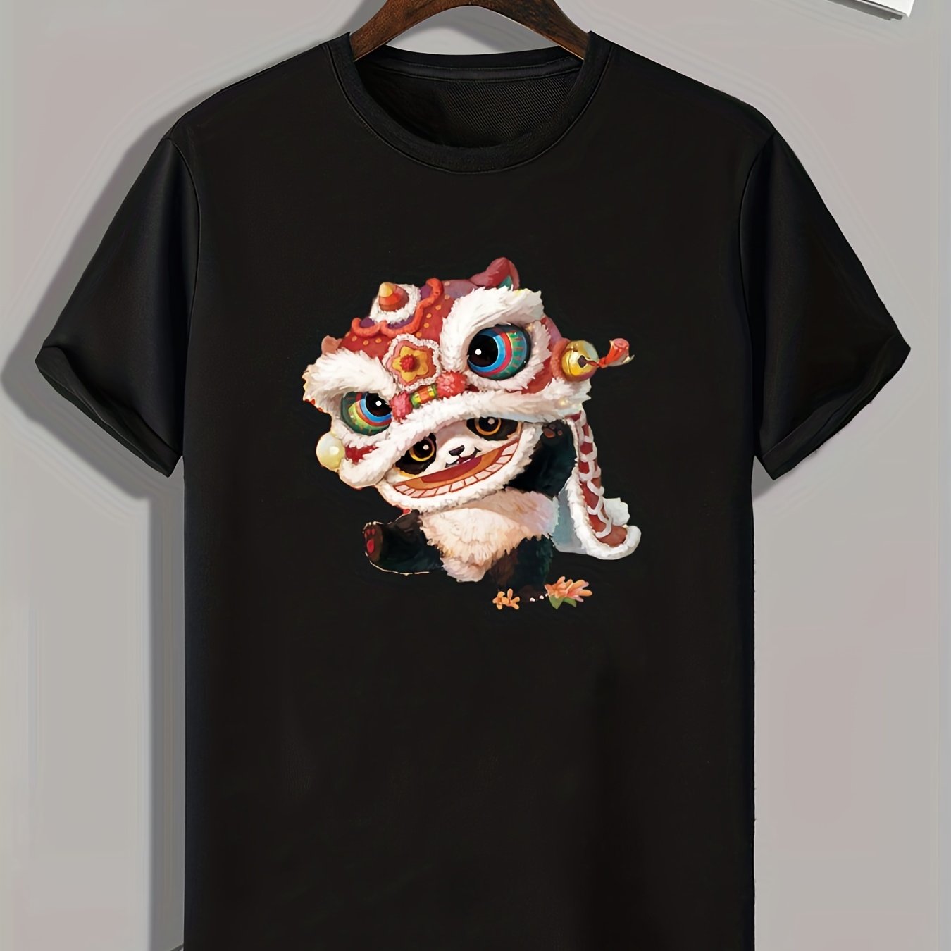 Panda & Lion Dance Print Men's Comfy T-shirt - Outdoor Summer Tee