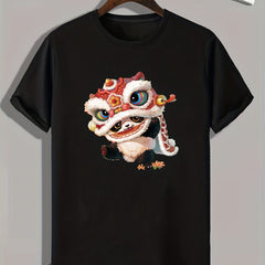 Panda & Lion Dance Print Men's Comfy T-shirt - Outdoor Summer Tee