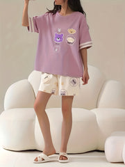 Animal Print Pajamas Set Short Sleeve Crew Neck Top & Shorts Pj Set