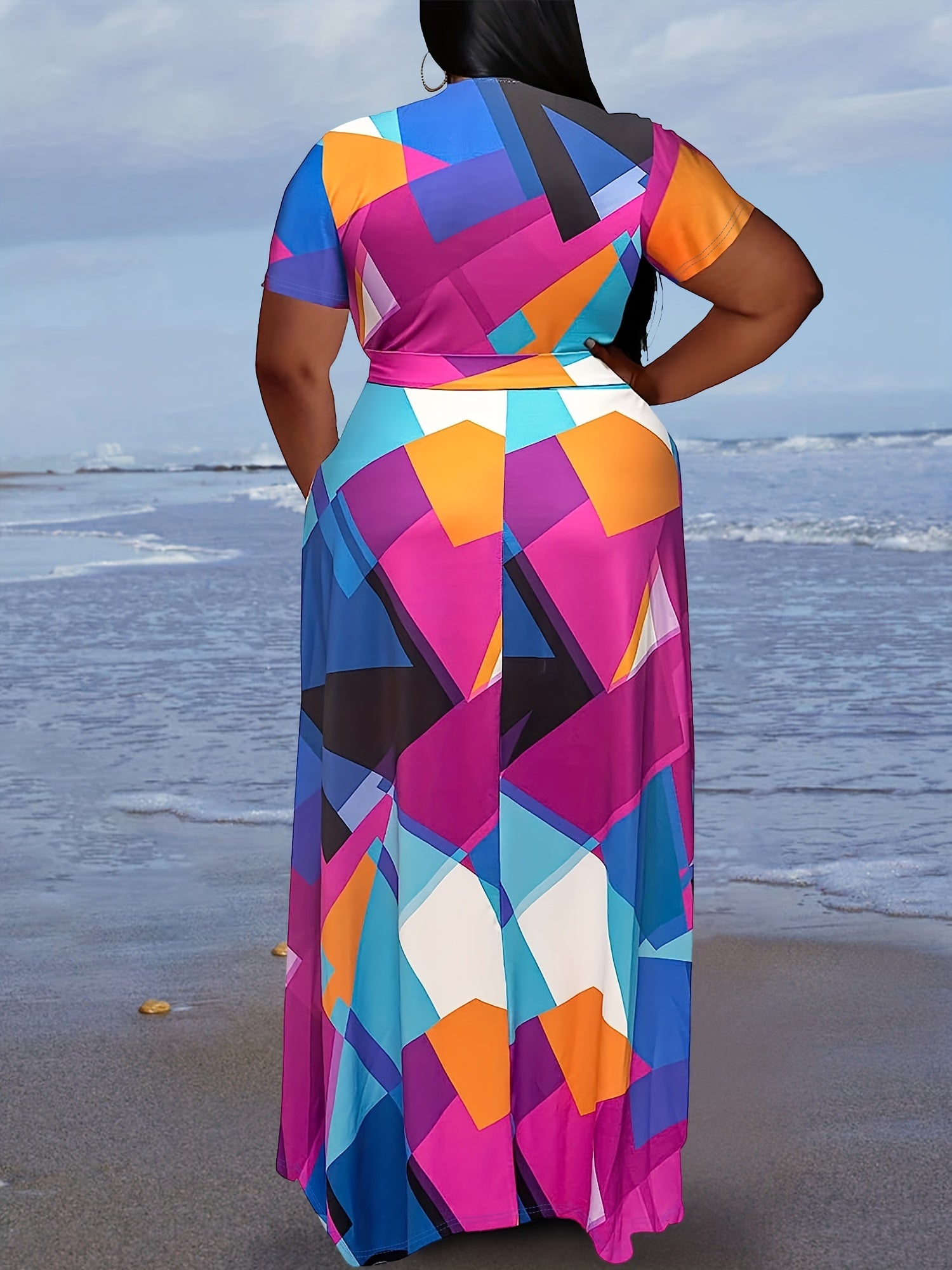  Colorblock Geo Print Maxi Dress With Belt