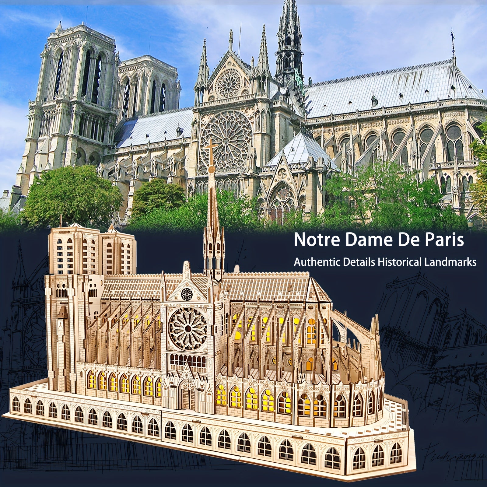 3D Wooden Puzzle Notre Dame Cathedral Model Kit with LED - DIY Brain Teaser Game