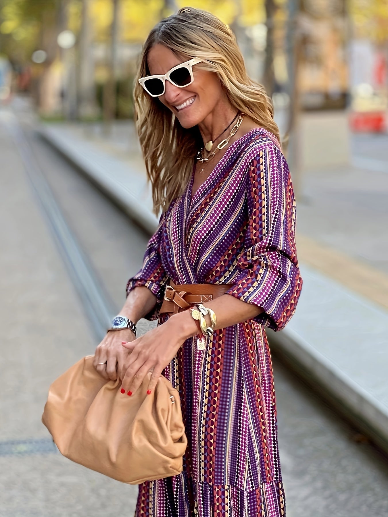  Geometric Print Long Sleeved Maxi Dress