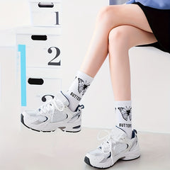 6 Pairs Butterfly Print Socks Casual & Mid Tube Women's Stockings
