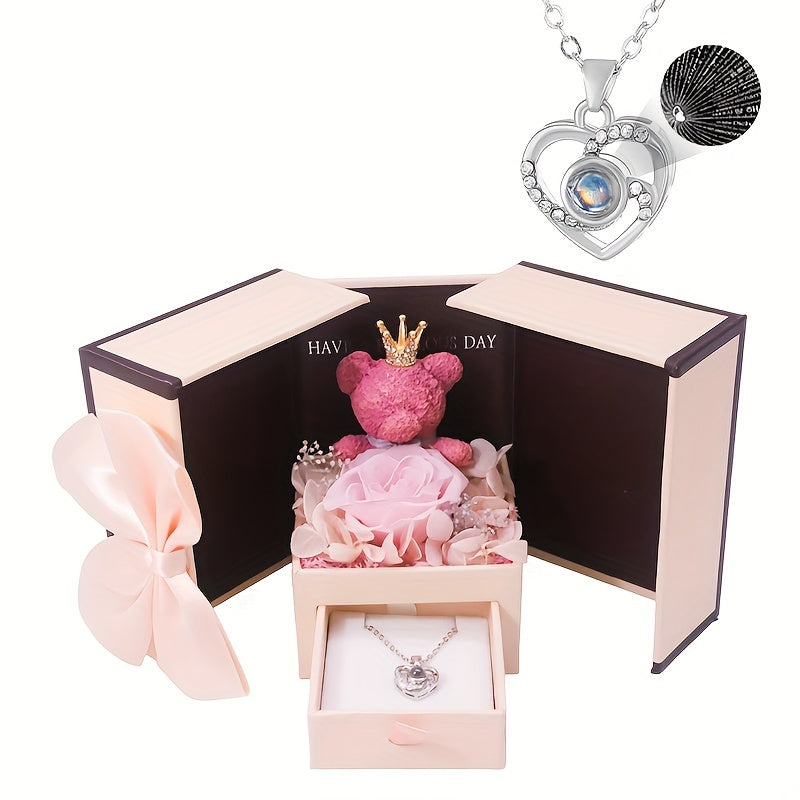 Heart Pendant Necklace with Rose Teddy & Floral Design