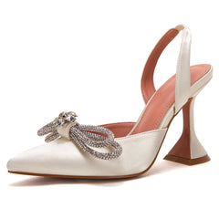 Women's Rhinestone Bow High Heels Pointed Toe Slip On Slingback Wedding Pumps