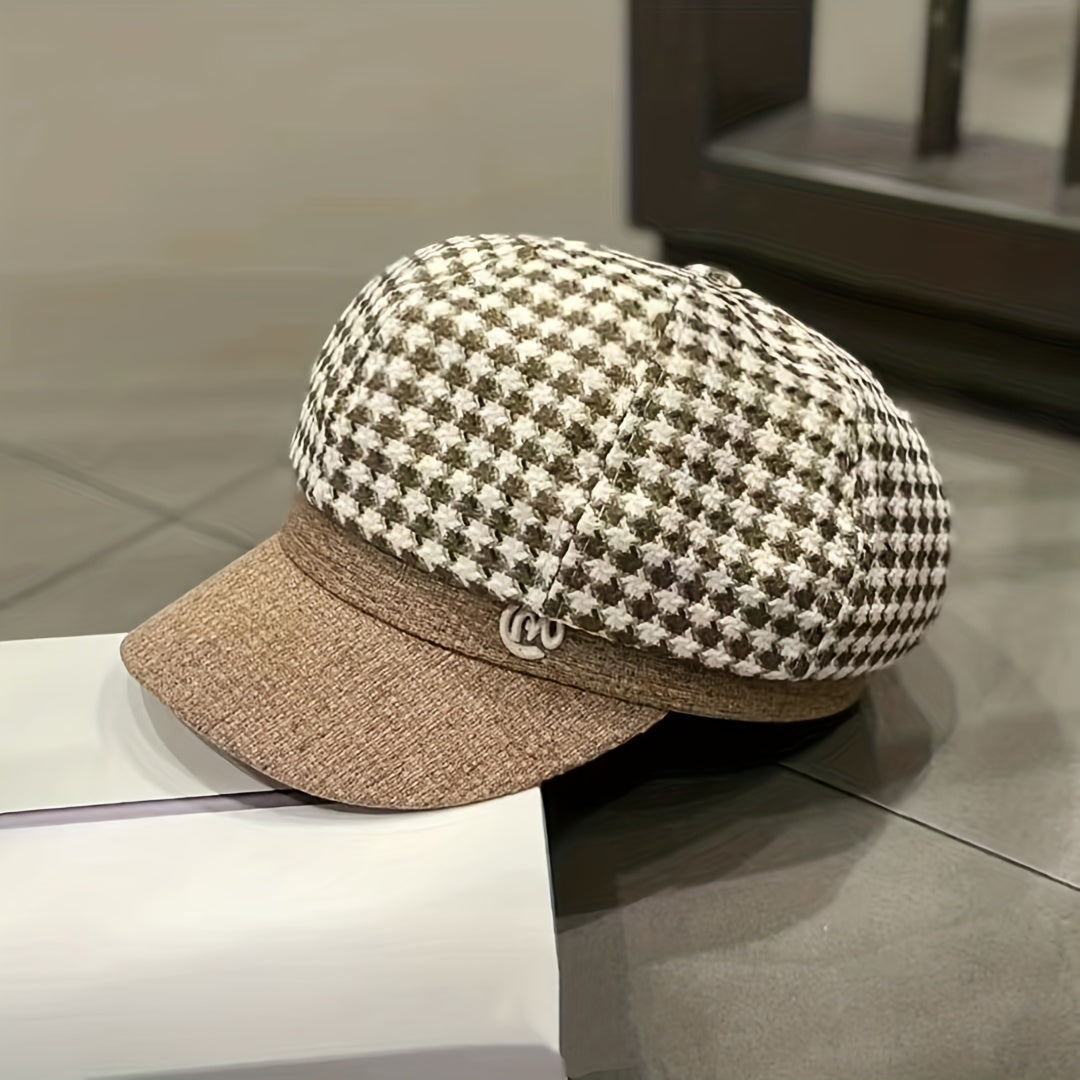 Women's Adjustable Houndstooth Newsboy Hat Lightweight Beret Cap