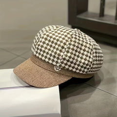 Women's Adjustable Houndstooth Newsboy Hat Lightweight Beret Cap