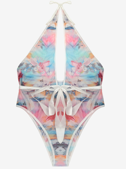  Sexy Floral Print Halter Neck Bodysuit