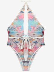  Sexy Floral Print Halter Neck Bodysuit