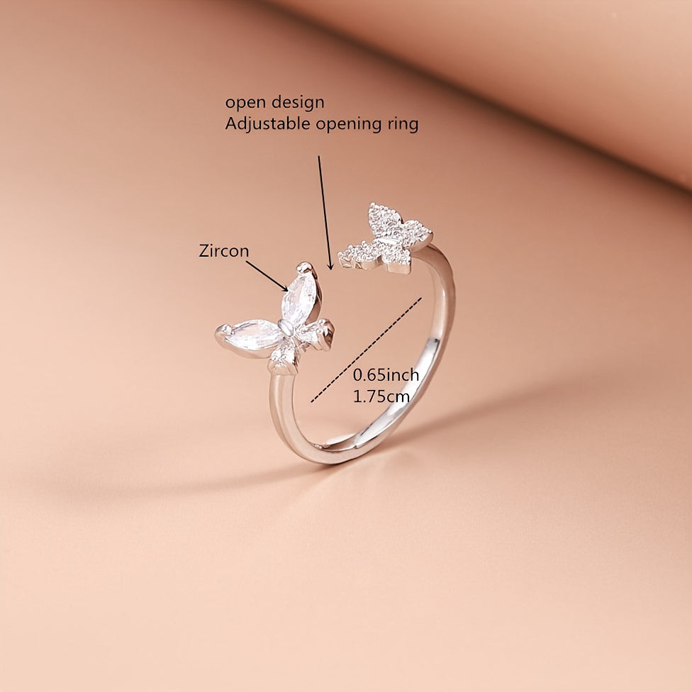Butterfly Zircon Open Ring Adjustable Silver Plated Women Girls Decor