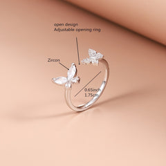 Butterfly Zircon Open Ring Adjustable Silver Plated Women Girls Decor