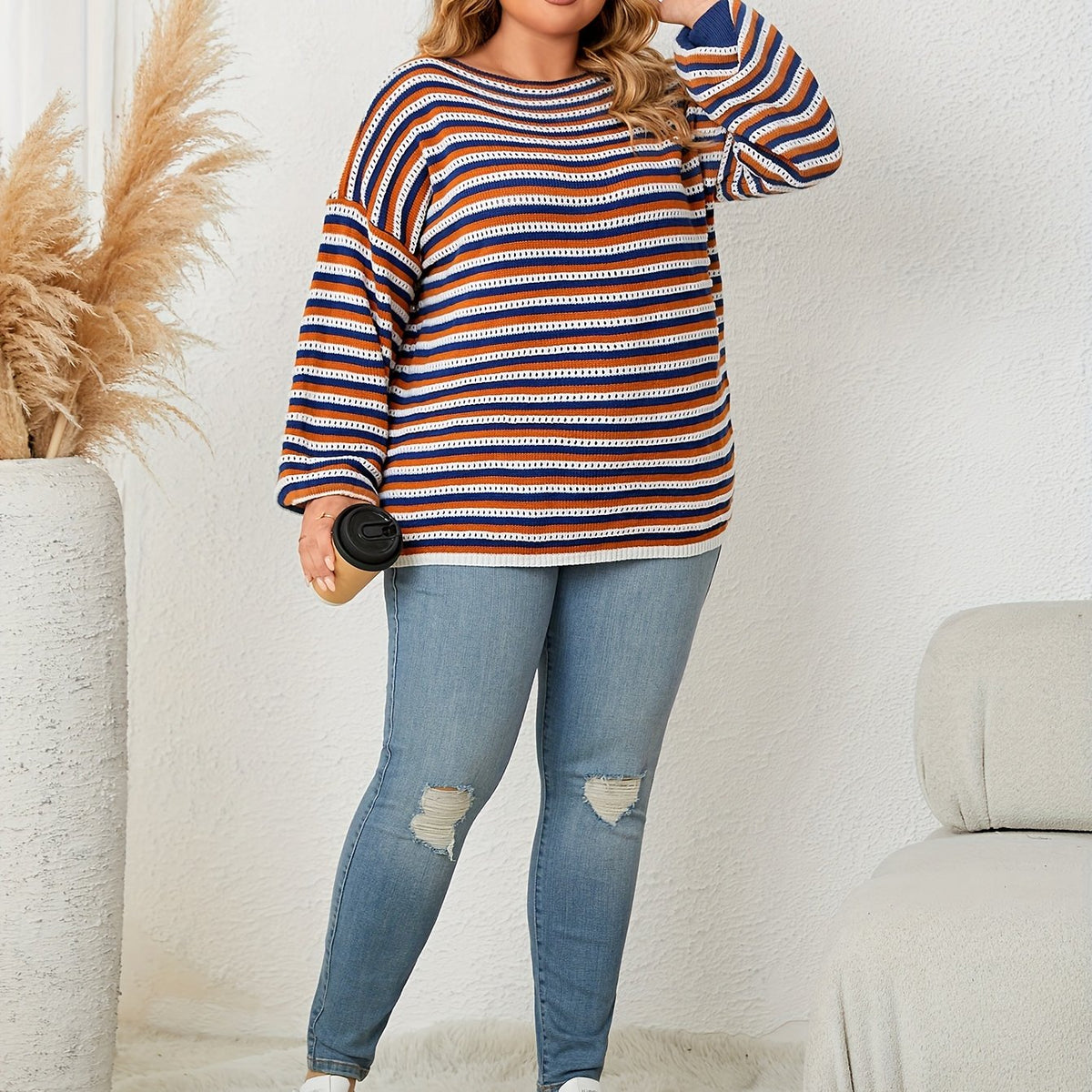  Casual Stripe Print Round Neck Jumper