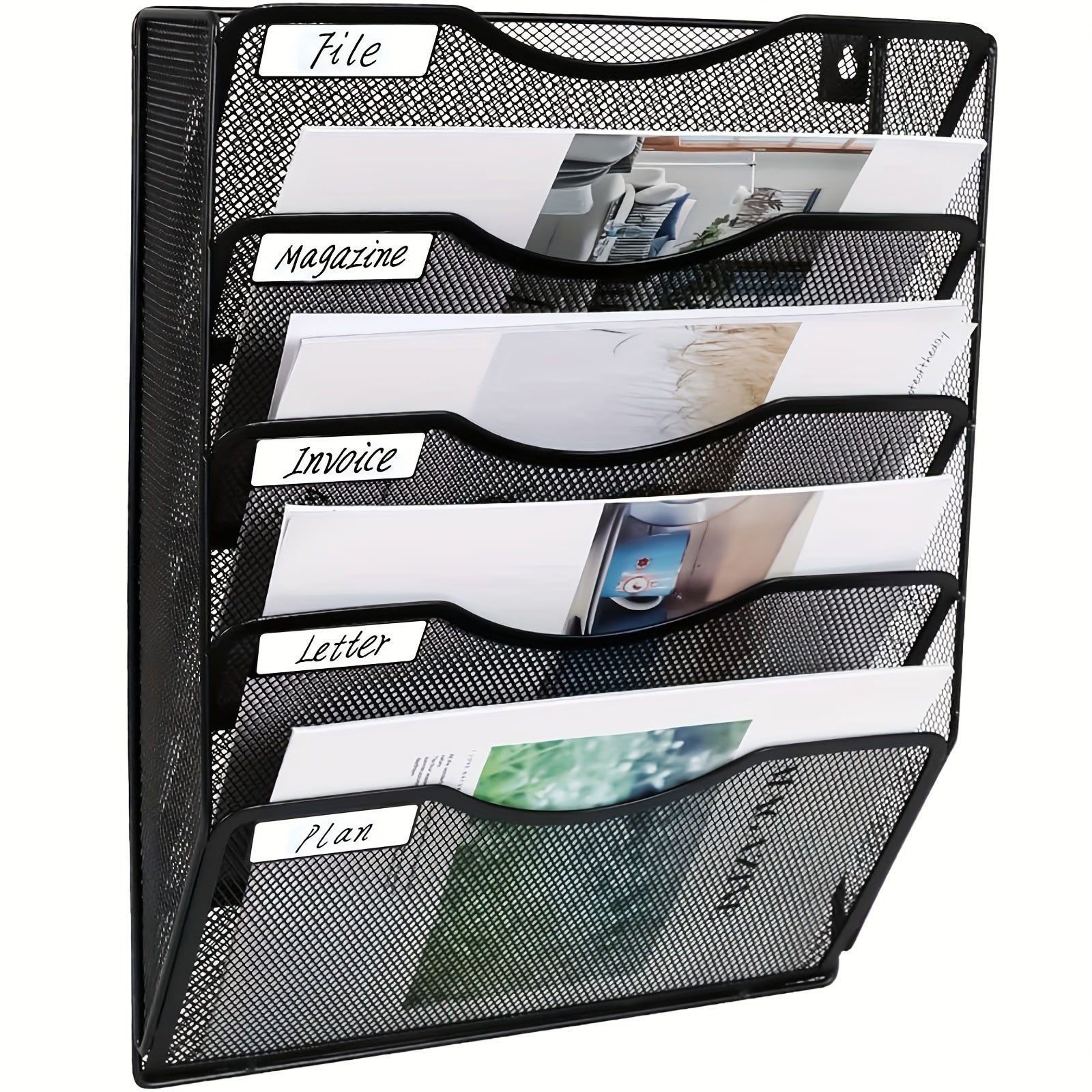 Wall Mounted File Holder with 5 Pockets, Name Tag Label Included