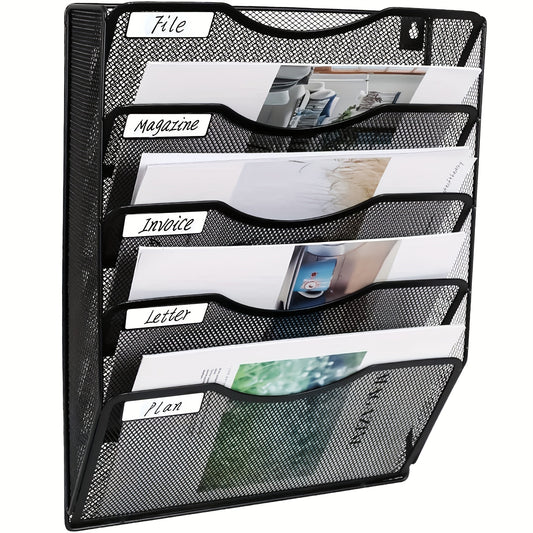 Wall Mounted File Holder with 5 Pockets, Name Tag Label Included