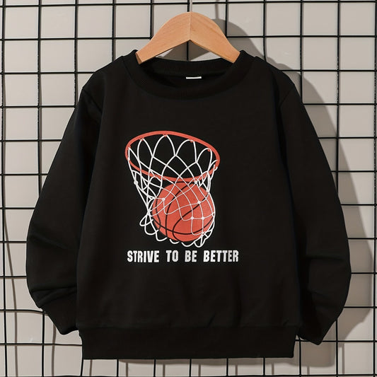 Boys Basketball Hoop Print Sweatshirt Long Sleeve Crew Neck Tops