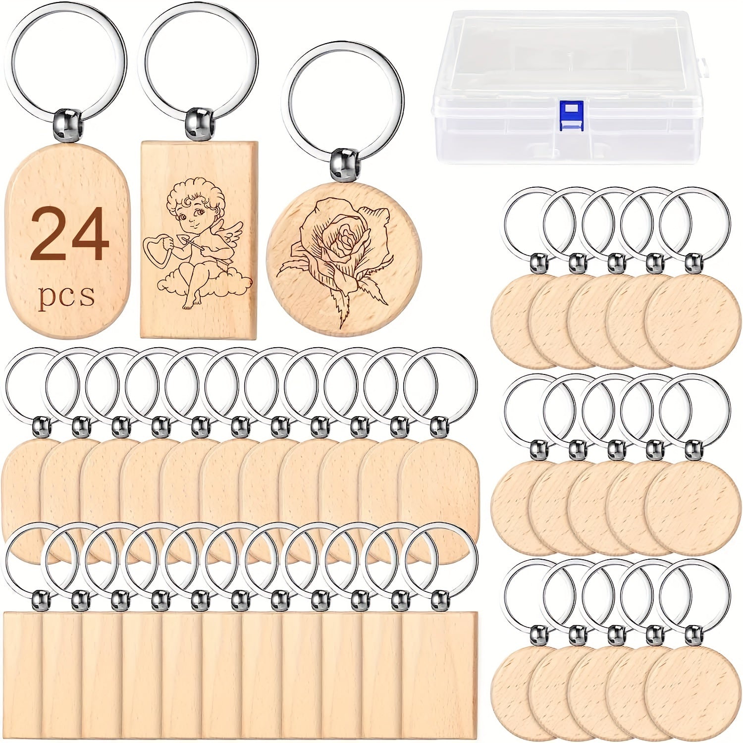 24pcs Wooden Keychain Billets Unprocessed DIY Key Chains with Storage Box