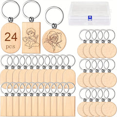 24pcs Wooden Keychain Billets Unprocessed DIY Key Chains with Storage Box