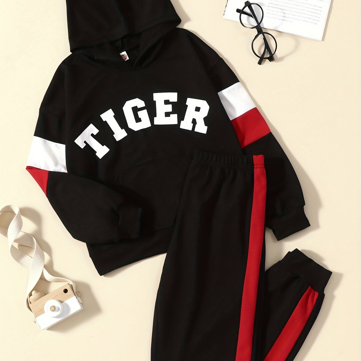 Boy's Tiger Print Hoodie & Sweatpants Set for Spring Fall