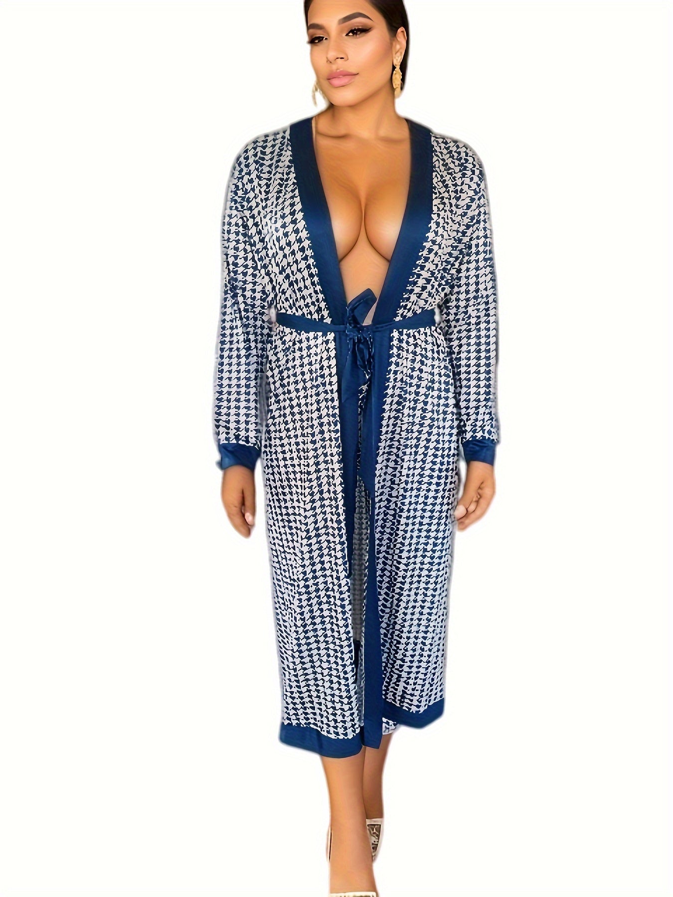  Houndstooth Print Robe & Pants Set