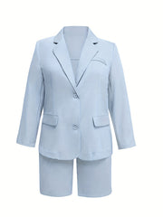  Basic Blazer & Shorts Suit Sets Women's Plus Solid Lapel Collar