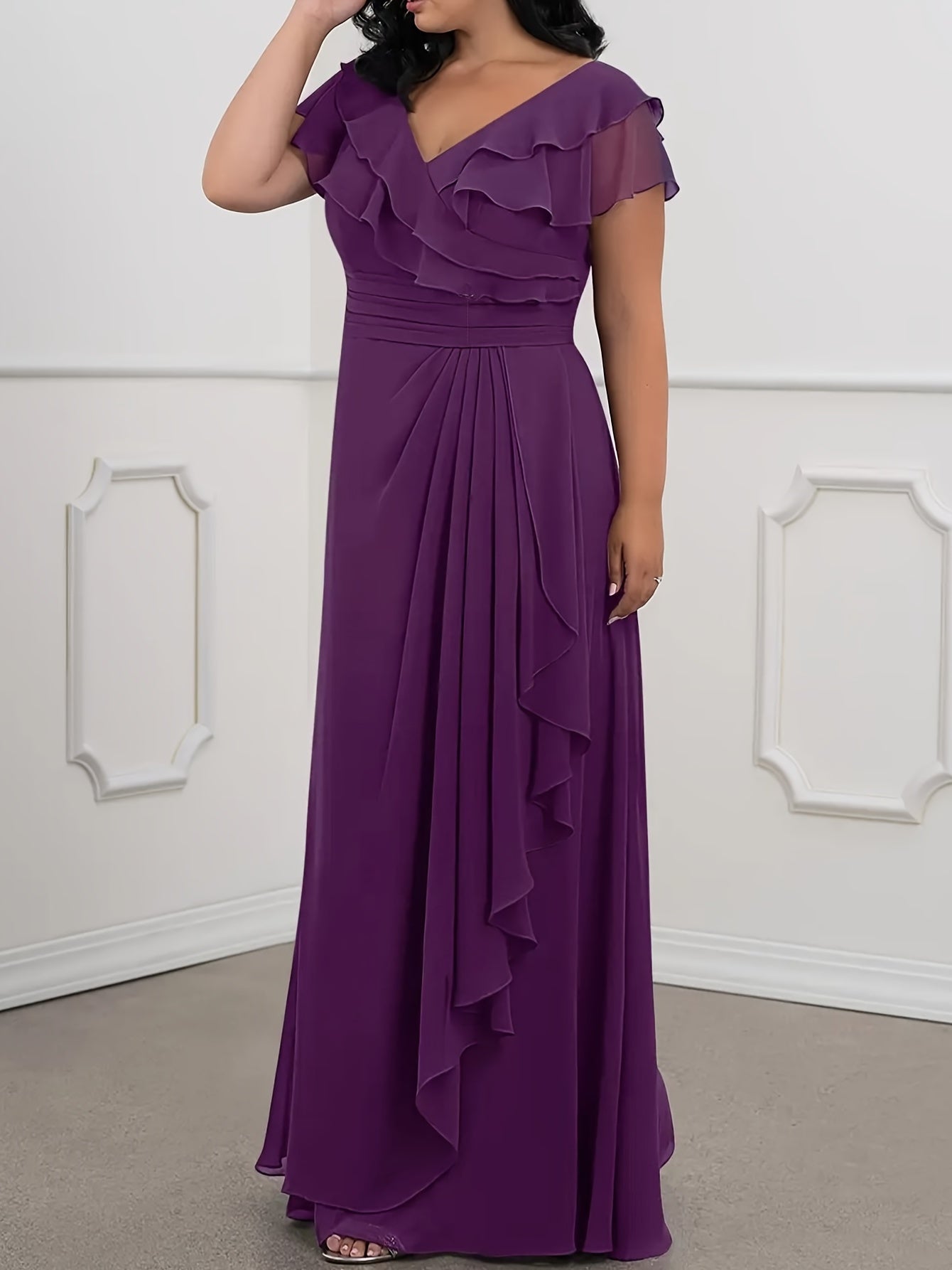  V Neck Ruffle Trim Evening Formal Dress