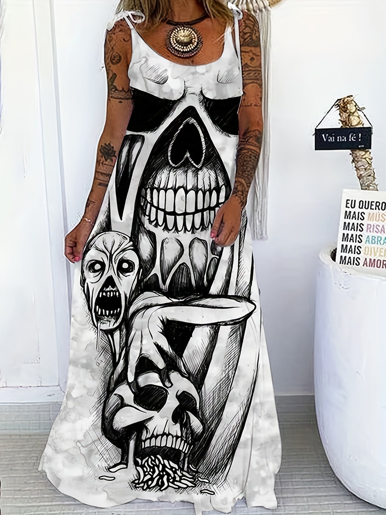 Plus Size Grunge Dress Women's Plus Skull Print Tie Shoulder