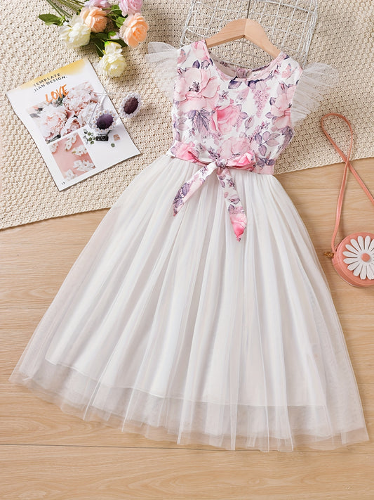 Girls Mesh Overlay Belted Princess Dress for Party Beach Vacation