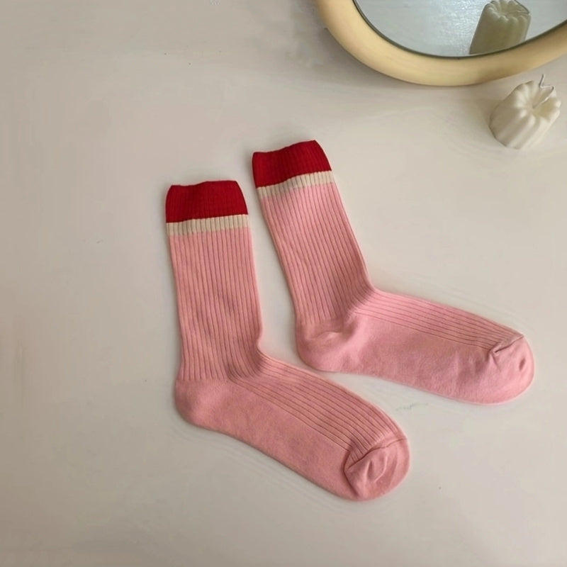 Colorblock Ribbed Socks College Style All match Socks Women