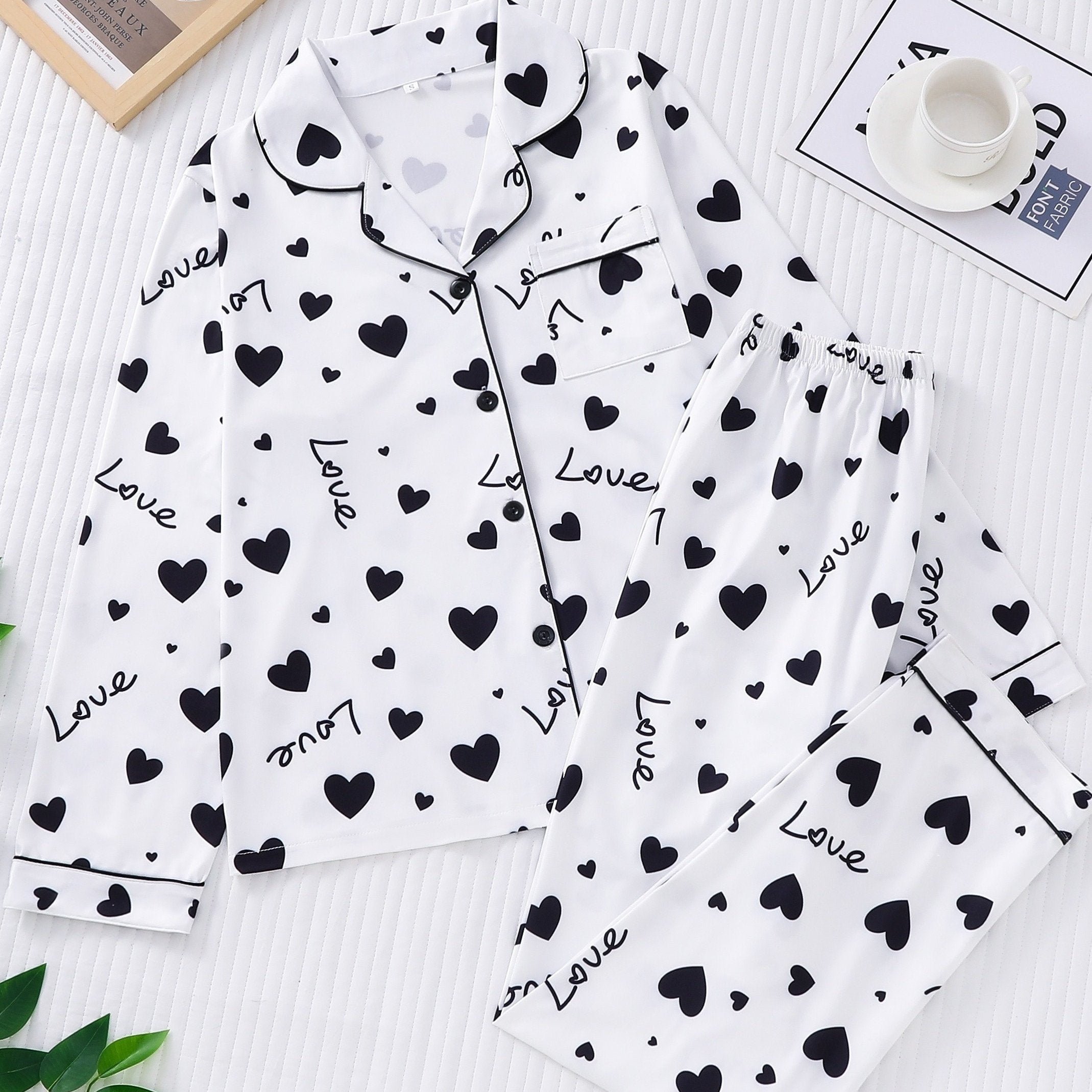 Heart Print Pajama Set Long Sleeve Buttons Top & Elastic Waistband Pants