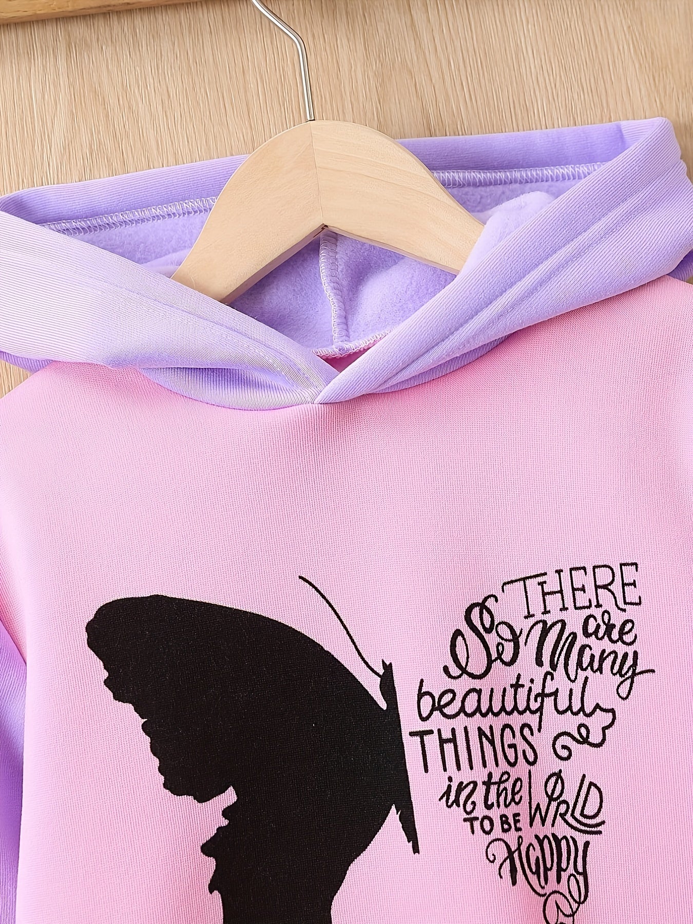 Girls Butterfly Print Fleece Hooded Sweatshirt And Trousers Set