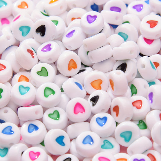 100pcs Heart Pattern Acrylic Flat Round Beads for Jewelry Making