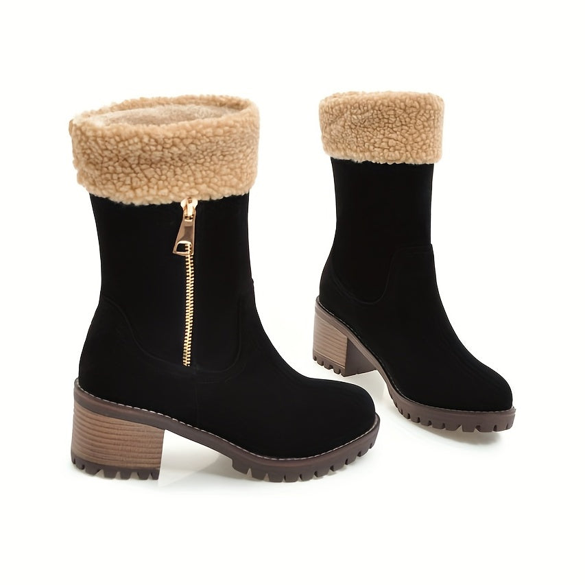 Women's Ankle Snow Boots Faux Fur Plush Lined Chunky Heels