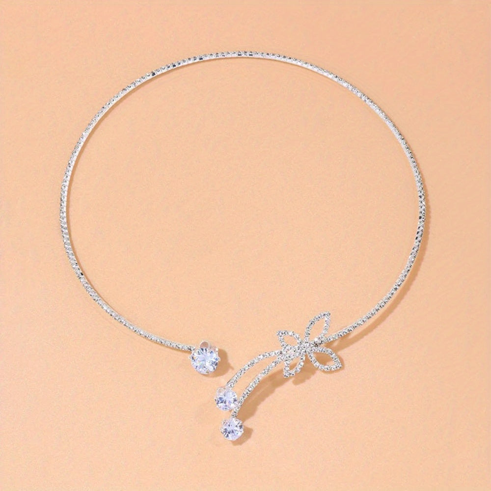 Glitter Silver Diamond Crystal Choker Butterfly Necklace