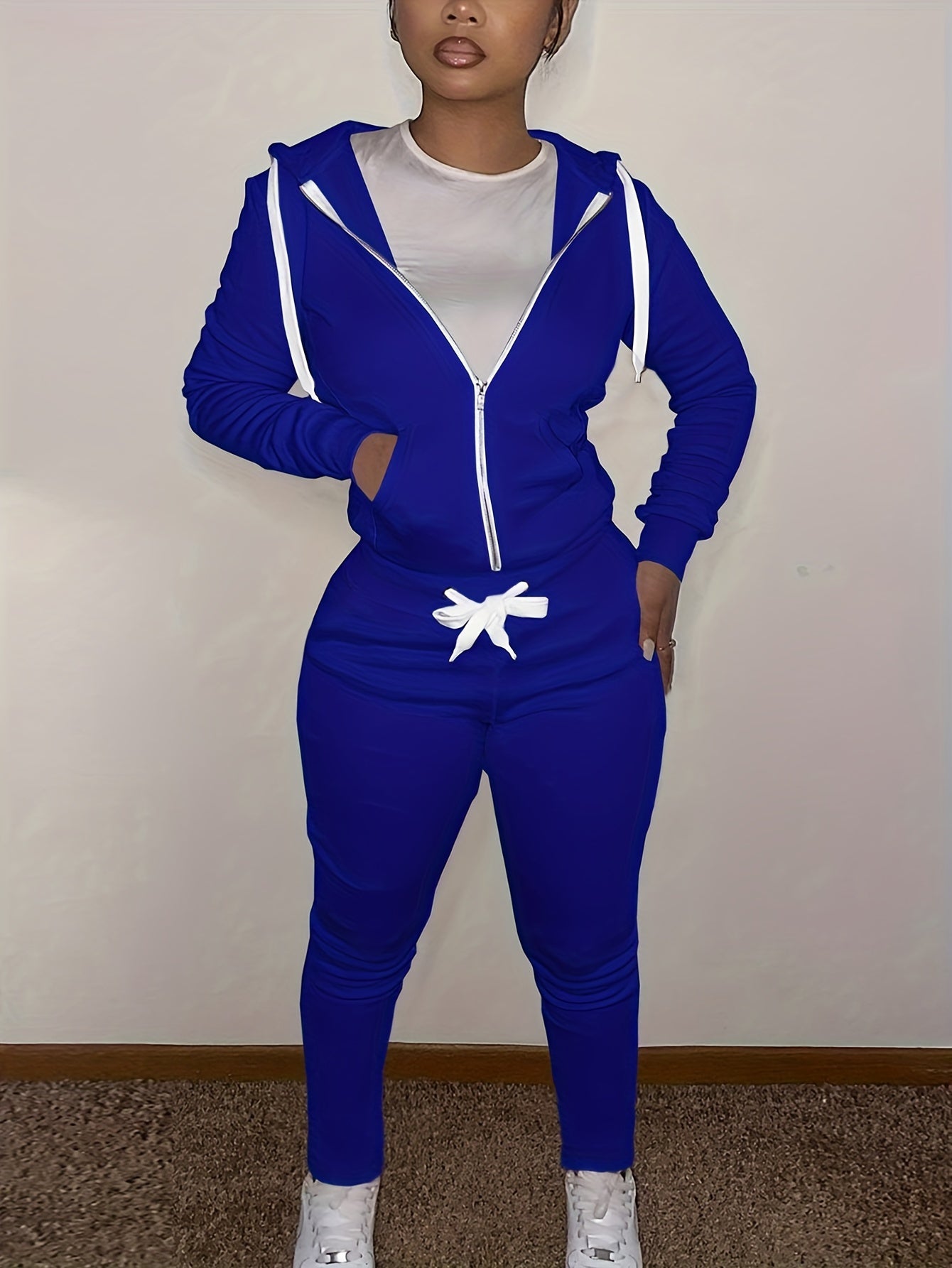 Solid Drawstring Two-piece Set Zip Up Hoodies & Long Pants Set