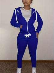 Solid Drawstring Two-piece Set Zip Up Hoodies & Long Pants Set