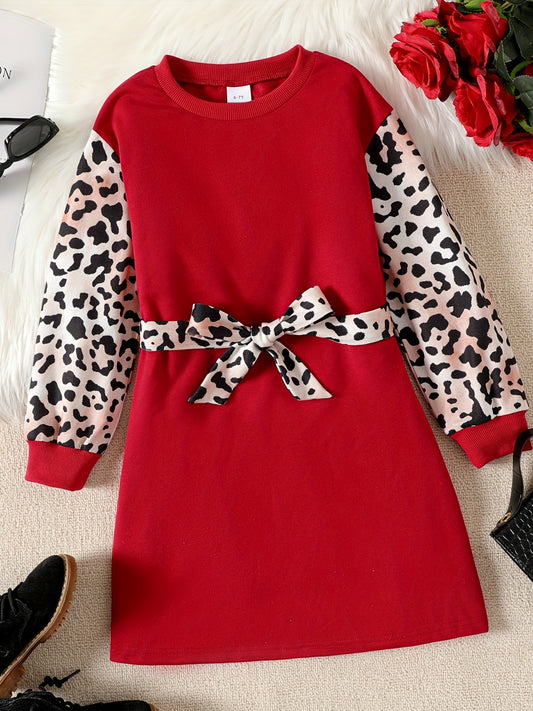 Kid Girl's Leopard Colorblock Print Long Sleeve Dress
